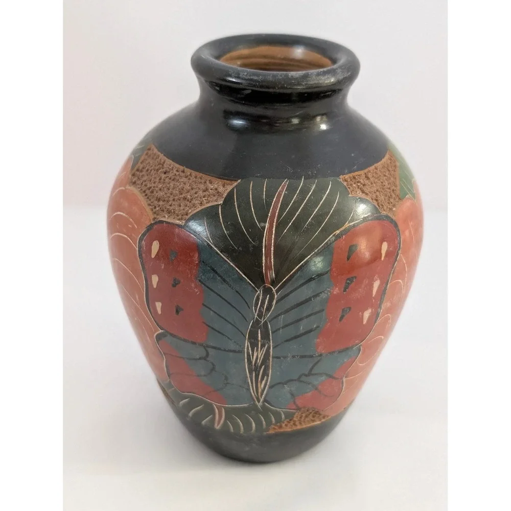 Vintage Folk Art Pottery Vase Bird Butterfly Flowers Black Clay Sgraffito